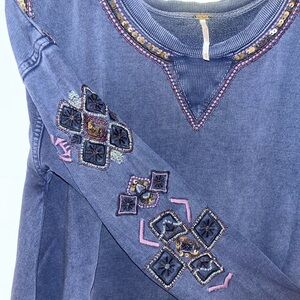 Free People Indigo Embroidered & Beaded Pullover